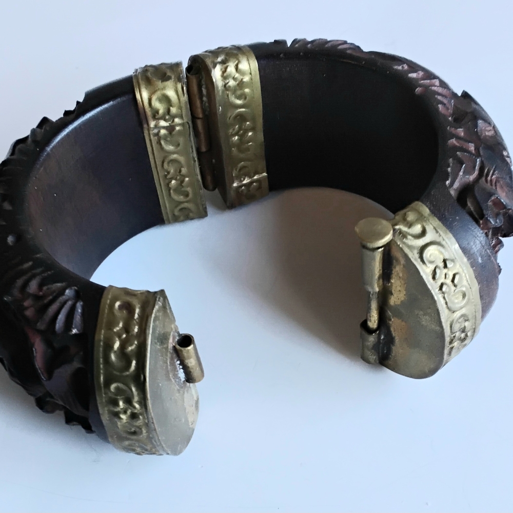 Carved Hinged Hard  Wood Bracelet with Gold Accents